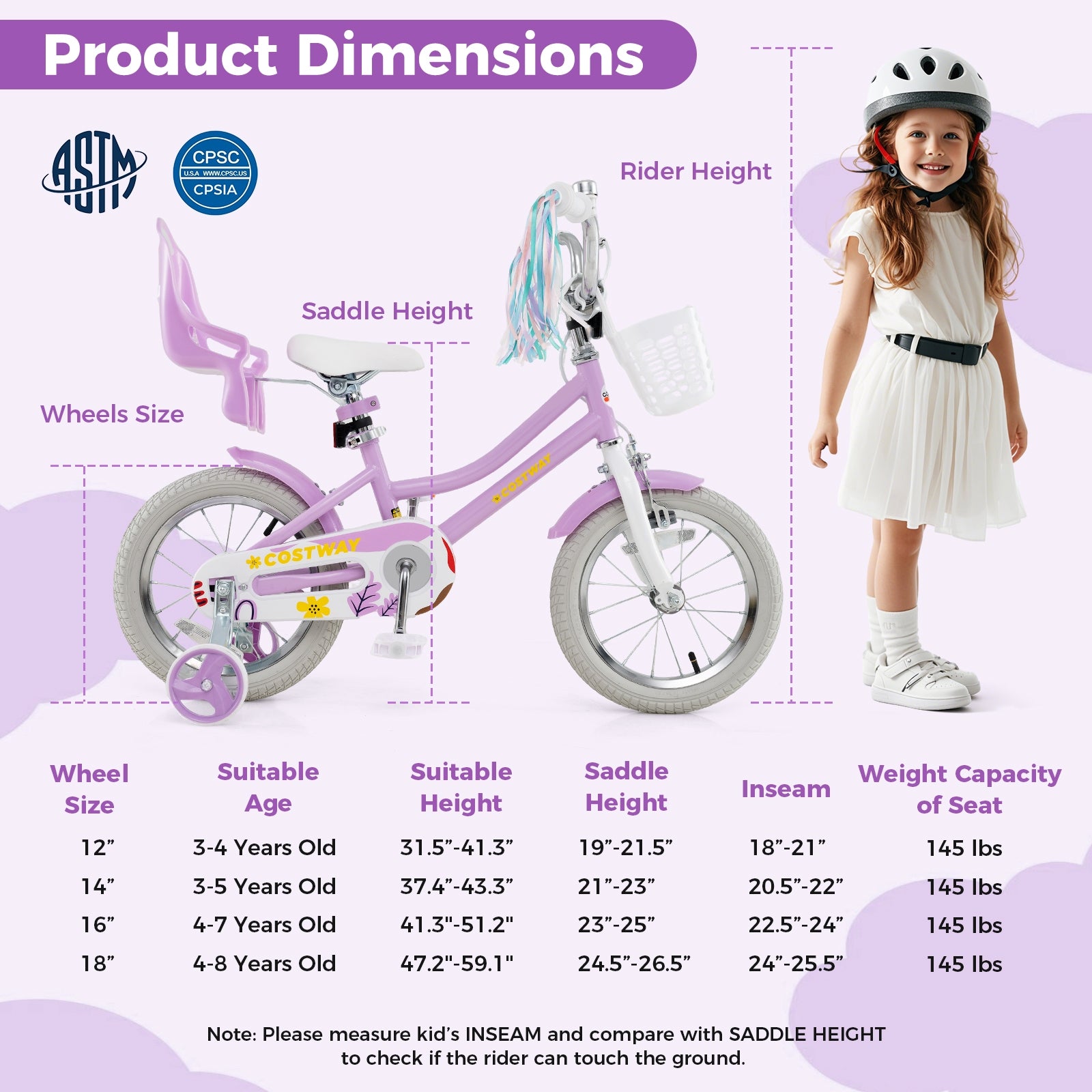 14 Inch Girls Bike Kids Bicycle with Doll Seat and Streamers for Children 3-5 Years Old, Purple Kids Bike at Gallery Canada