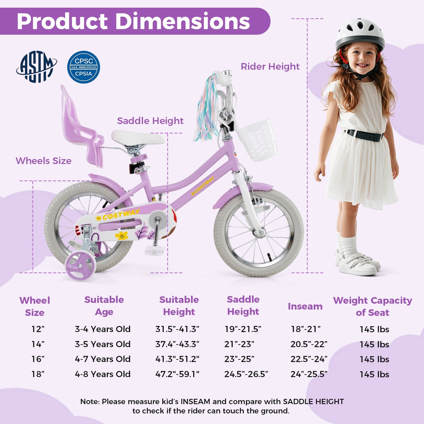 14 Inch Girls Bike Kids Bicycle with Doll Seat and Streamers for Children 3-5 Years Old, Purple Kids Bike at Gallery Canada