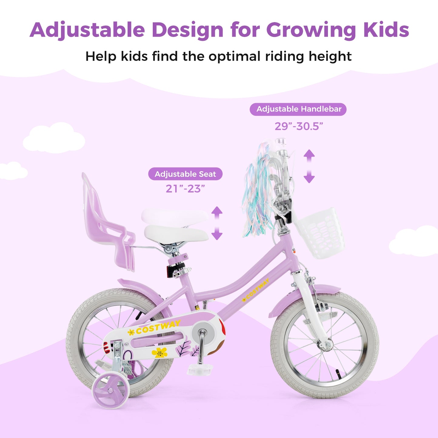 14 Inch Girls Bike Kids Bicycle with Doll Seat and Streamers for Children 3-5 Years Old, Purple Kids Bike at Gallery Canada