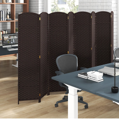 8-Panel Folding Room Divider with Hand-woven Texture and Wood Frame, Brown