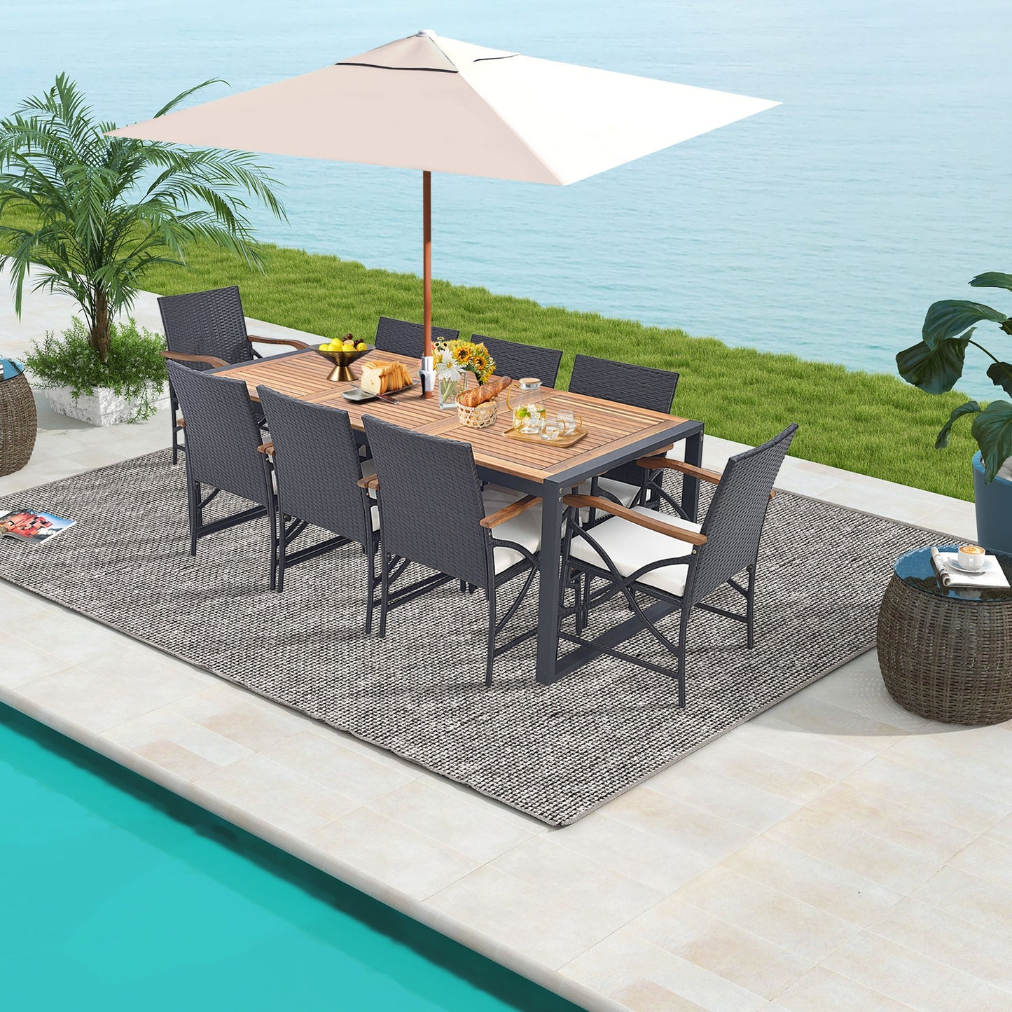 9 Pieces Patio Rattan Dining Set with Acacia Wood Table for Backyard Garden-X-side Handrail, Brown Patio Furniture Sets at Gallery Canada