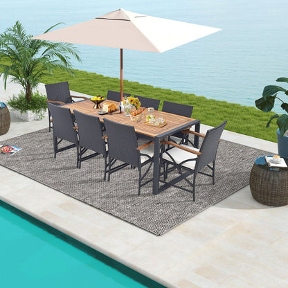 9 Pieces Patio Rattan Dining Set with Acacia Wood Table for Backyard Garden-X-side Handrail, Brown Patio Furniture Sets at Gallery Canada