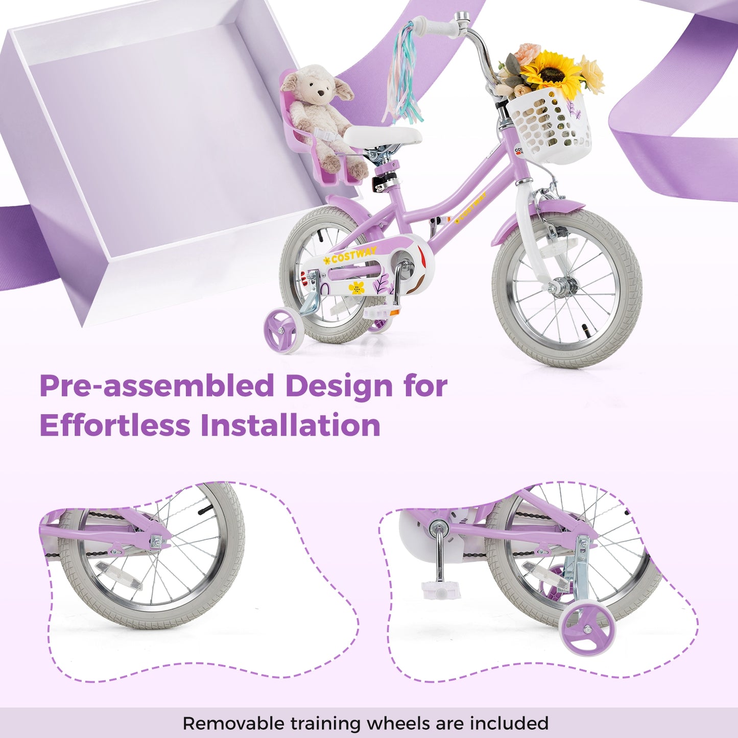14 Inch Girls Bike Kids Bicycle with Doll Seat and Streamers for Children 3-5 Years Old, Purple Kids Bike at Gallery Canada