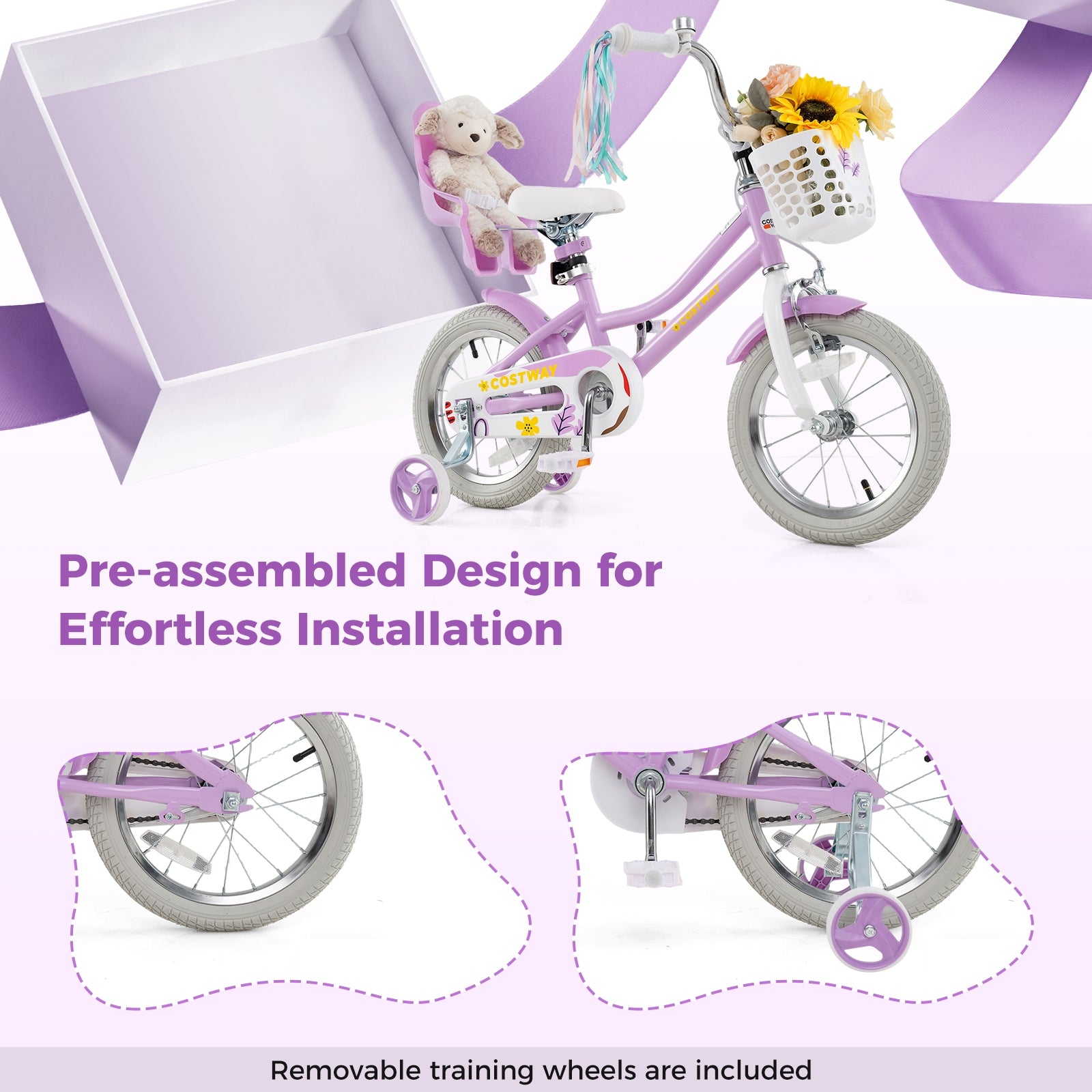 14 Inch Girls Bike Kids Bicycle with Doll Seat and Streamers for Children 3-5 Years Old, Purple Kids Bike at Gallery Canada