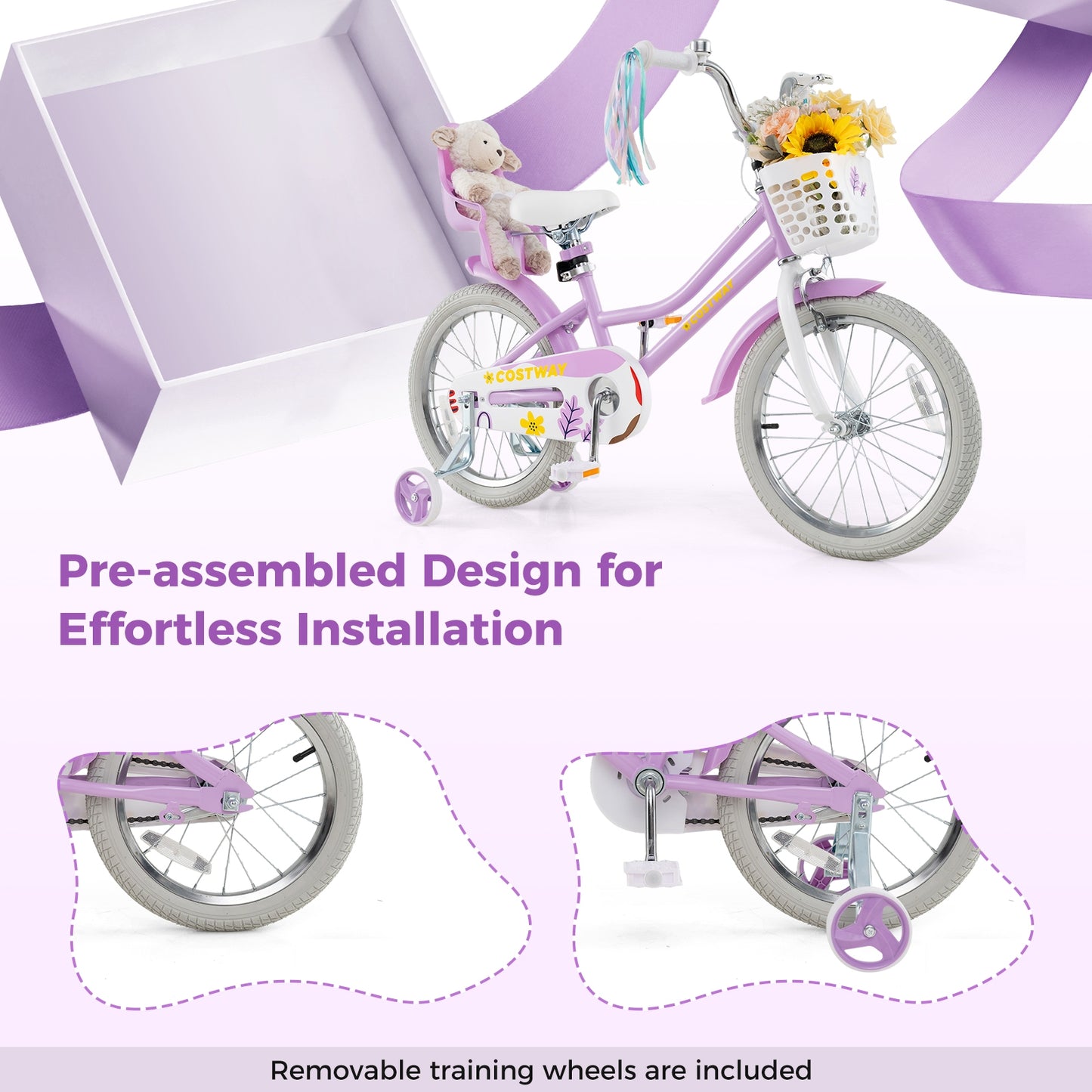 18 Inch Girls Bike Kids Bicycle with Doll Seat and Streamers for Children 4-8 Years Old, Purple Kids Bike at Gallery Canada