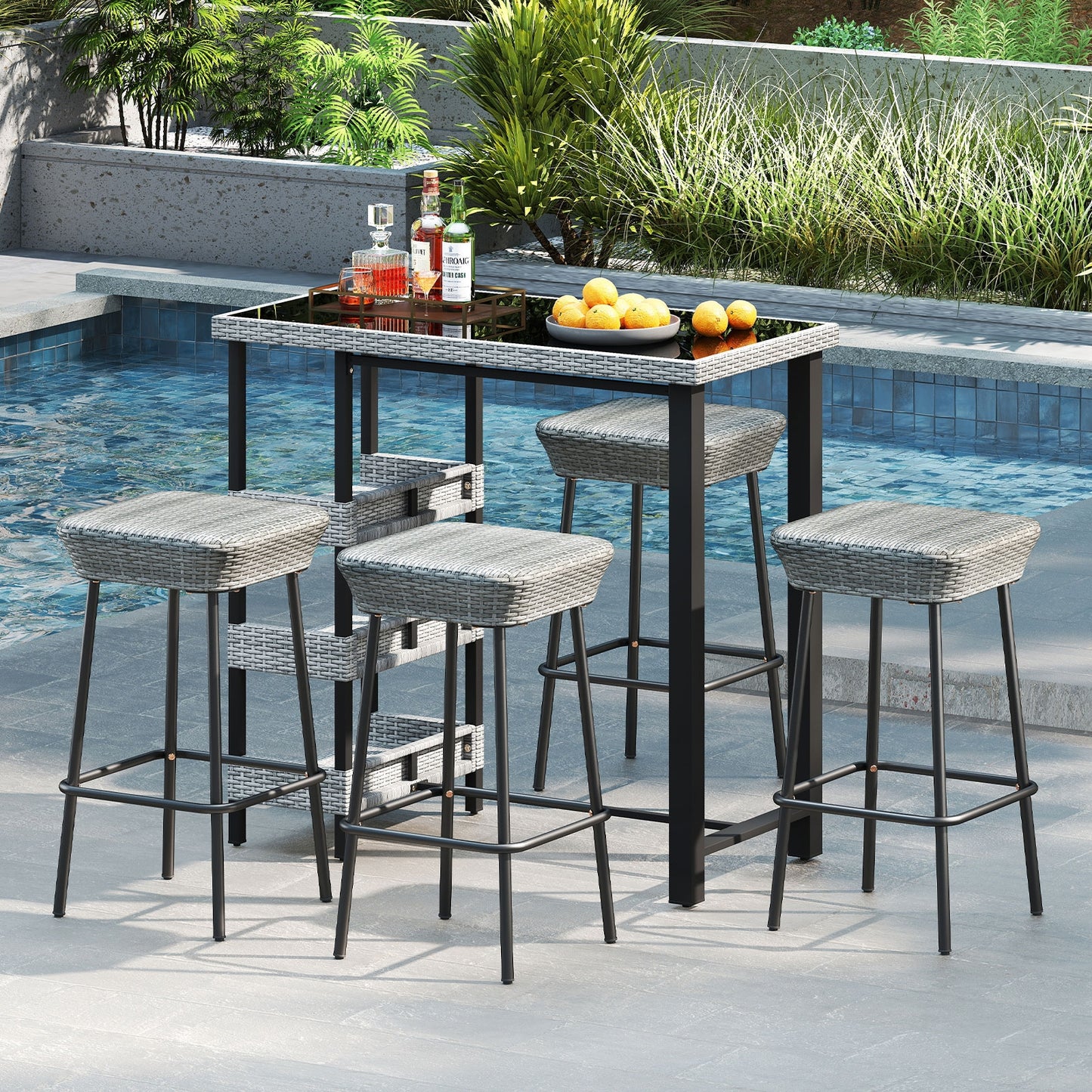 29.5 Inches Patio Bar Stools Set of 2 with Rattan Seat and Footrest, Gray Patio Bar Furniture at Gallery Canada
