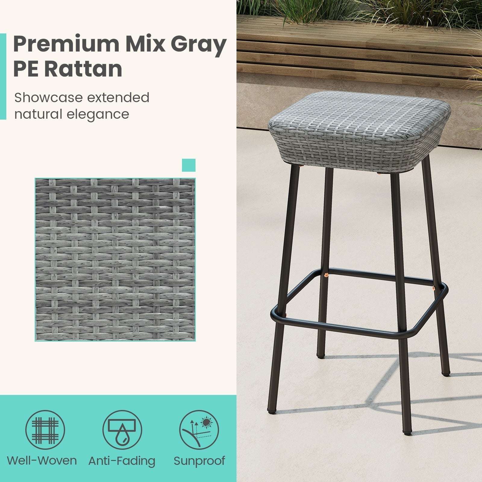 29.5 Inches Patio Bar Stools Set of 2 with Rattan Seat and Footrest, Gray Patio Bar Furniture at Gallery Canada