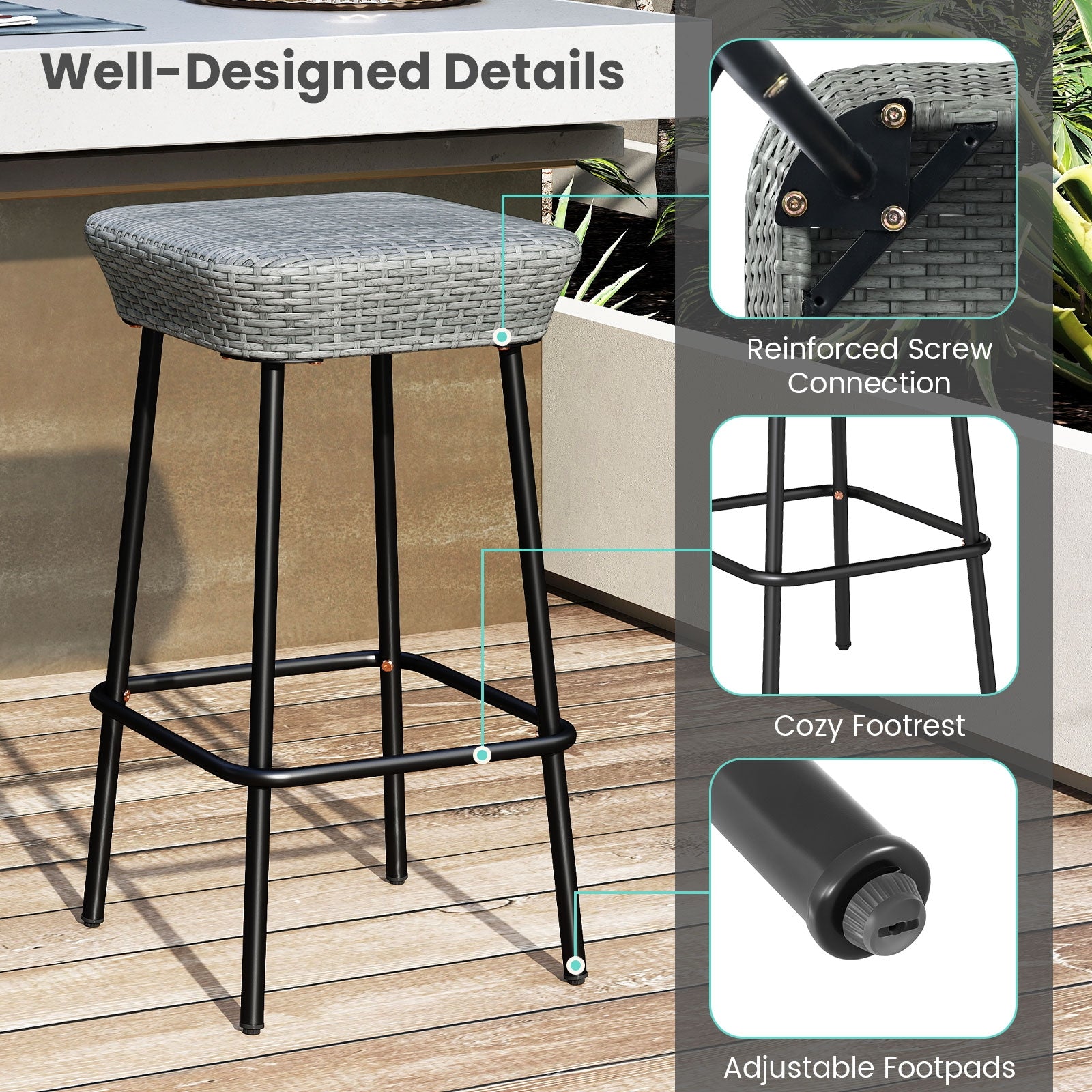 29.5 Inches Patio Bar Stools Set of 2 with Rattan Seat and Footrest, Gray Patio Bar Furniture at Gallery Canada