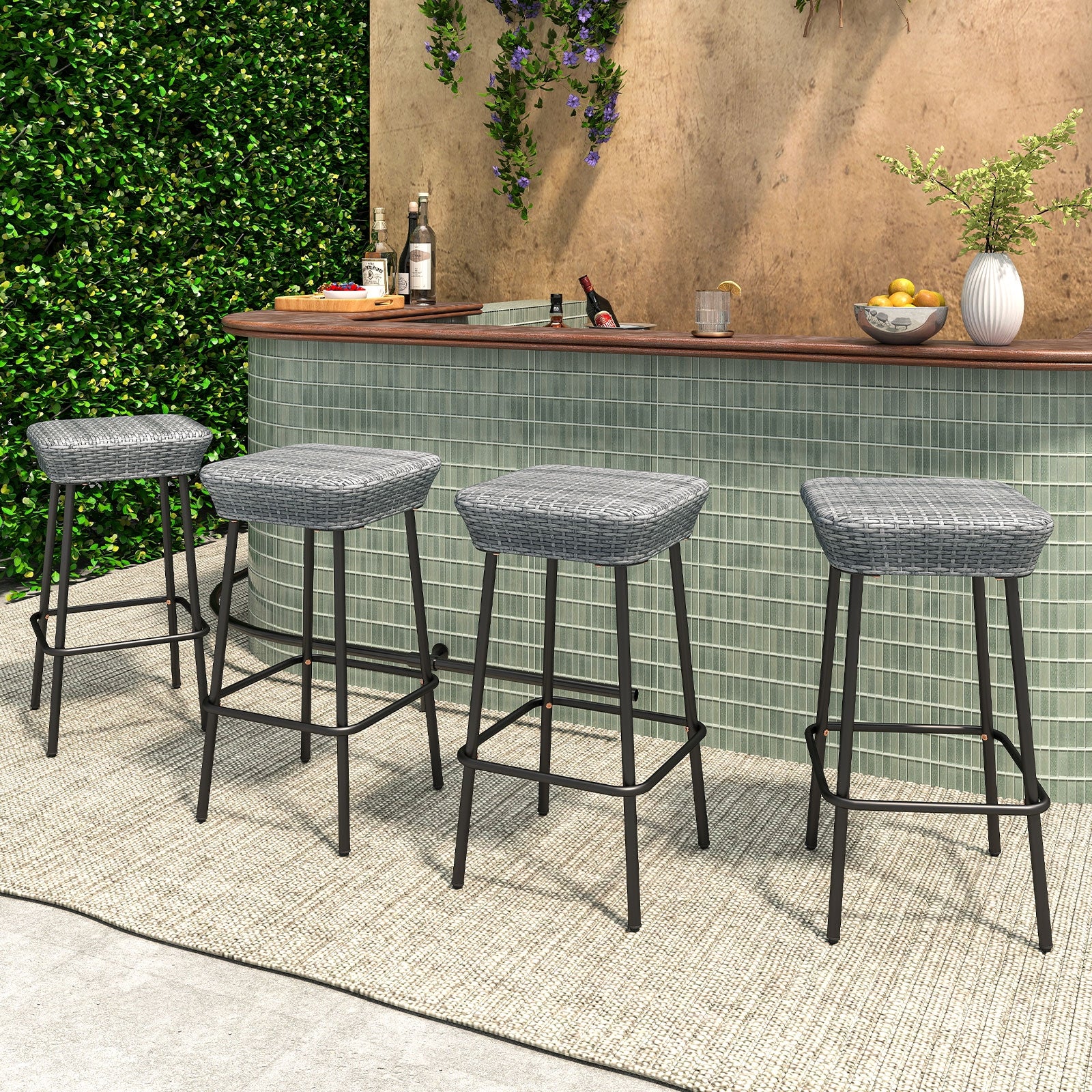 29.5 Inches Patio Bar Stools Set of 2 with Rattan Seat and Footrest, Gray Patio Bar Furniture at Gallery Canada