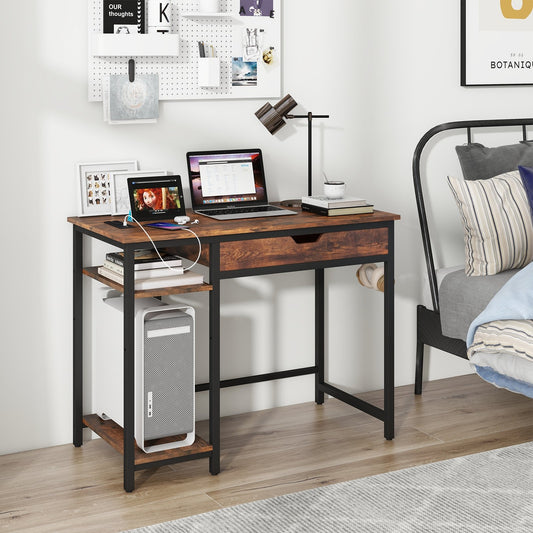 Computer Desk with Charging Station and Drawer & Adjustable Shelf, Rustic Brown - Gallery Canada