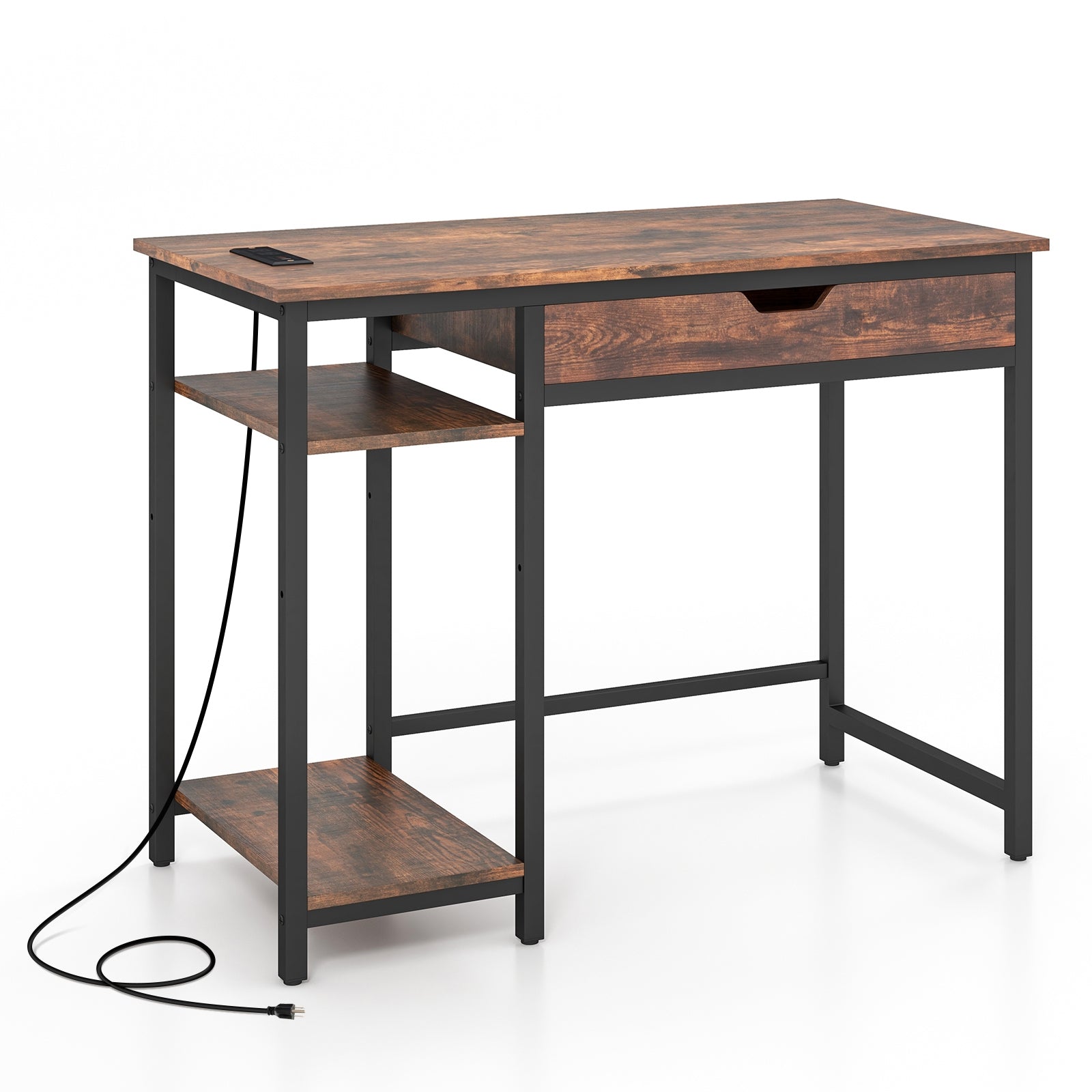 Computer Desk with Charging Station and Drawer & Adjustable Shelf, Rustic Brown Computer Desks at Gallery Canada