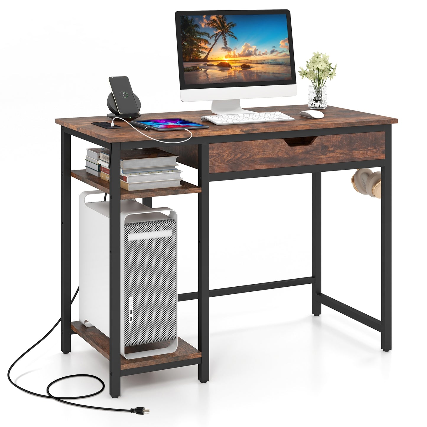 Computer Desk with Charging Station and Drawer & Adjustable Shelf, Rustic Brown Computer Desks at Gallery Canada