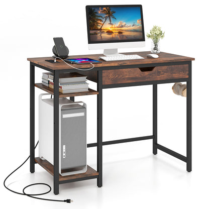 Computer Desk with Charging Station and Drawer & Adjustable Shelf, Rustic Brown Computer Desks at Gallery Canada