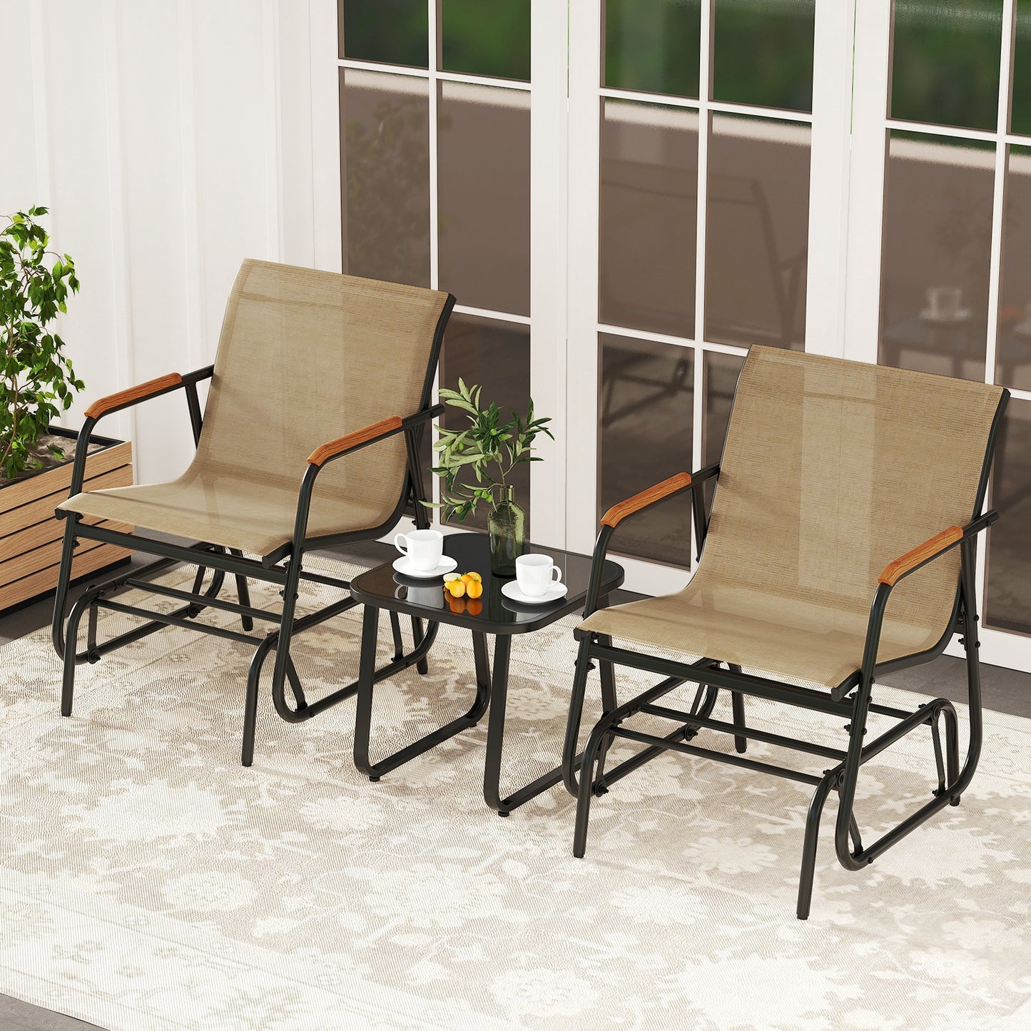 3-Piece Outdoor Glider Bistro Set with Tempered Glass Top and Metal Frame, Coffee Patio Conversation Sets at Gallery Canada