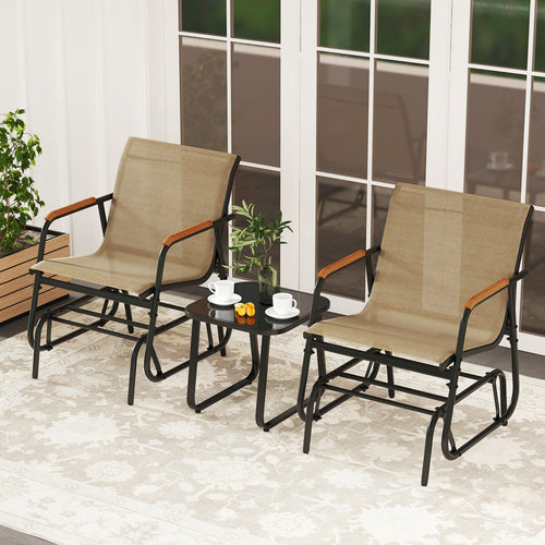 3-Piece Outdoor Glider Bistro Set with Tempered Glass Top and Metal Frame, Coffee