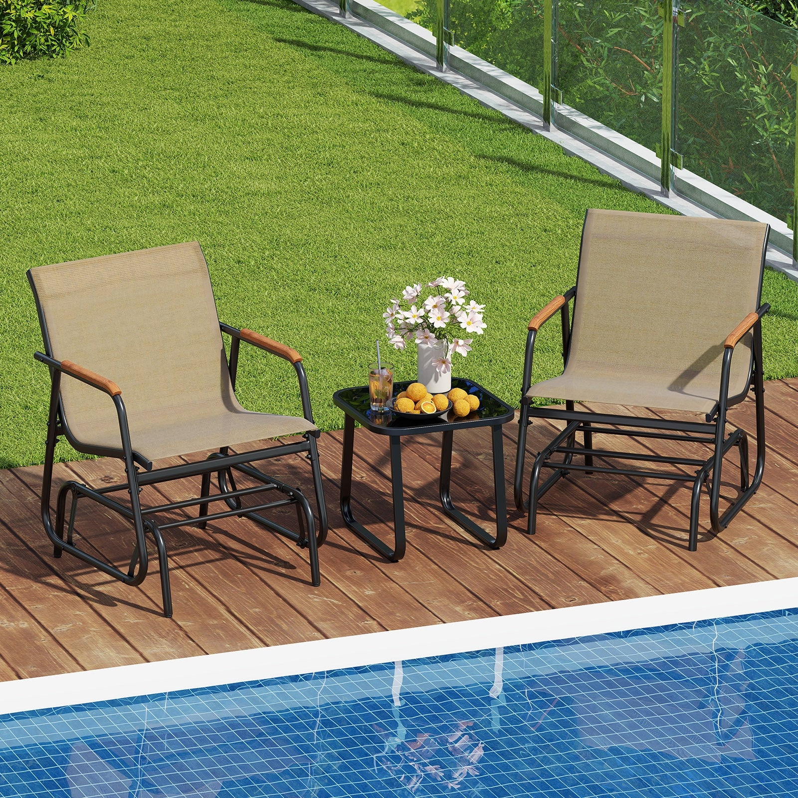 3-Piece Outdoor Glider Bistro Set with Tempered Glass Top and Metal Frame, Coffee Patio Conversation Sets at Gallery Canada
