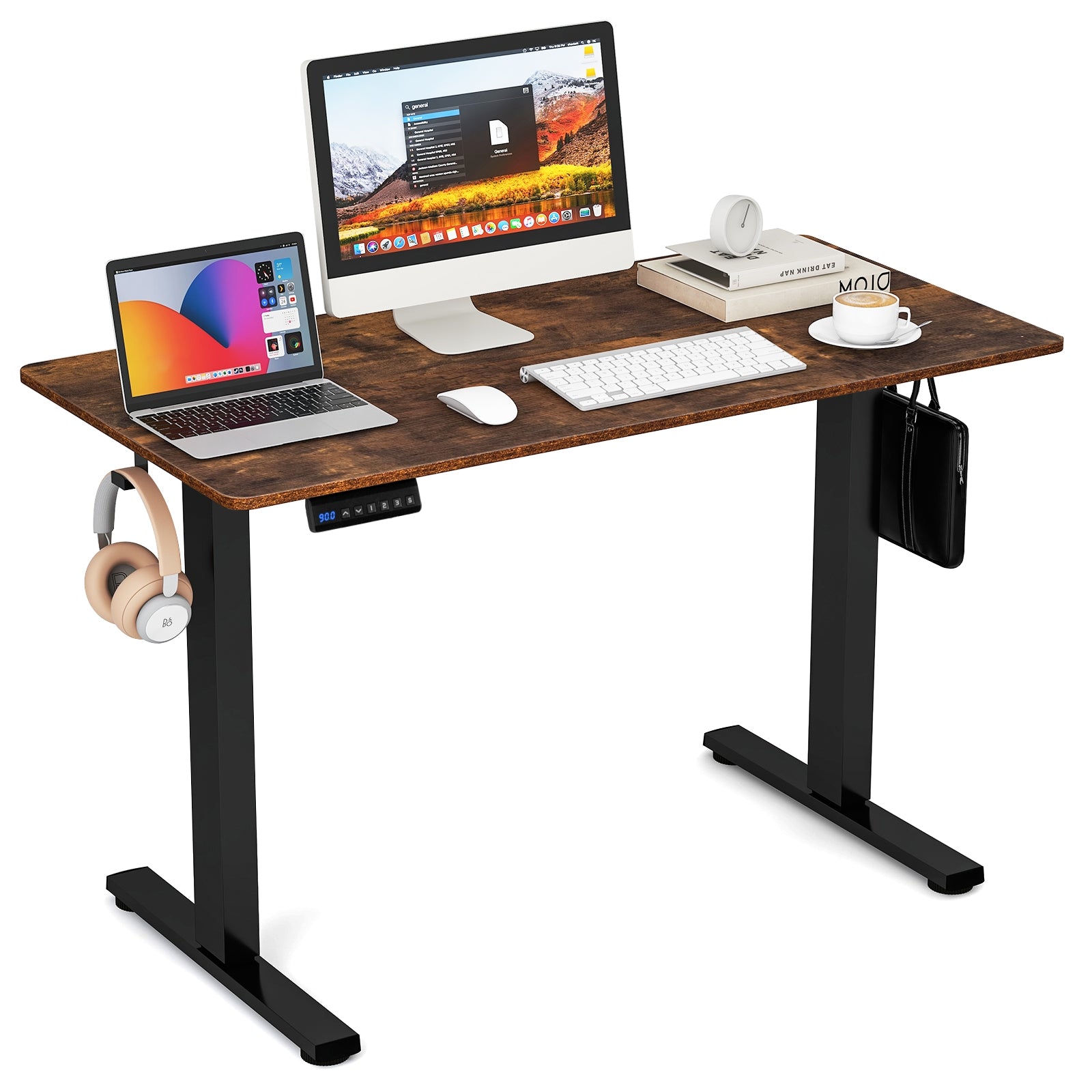 Electric Standing Desk with 3 Memory Height Settings and 2 Hanging Hooks & Cable Management, Rustic Brown Standing Desks at Gallery Canada