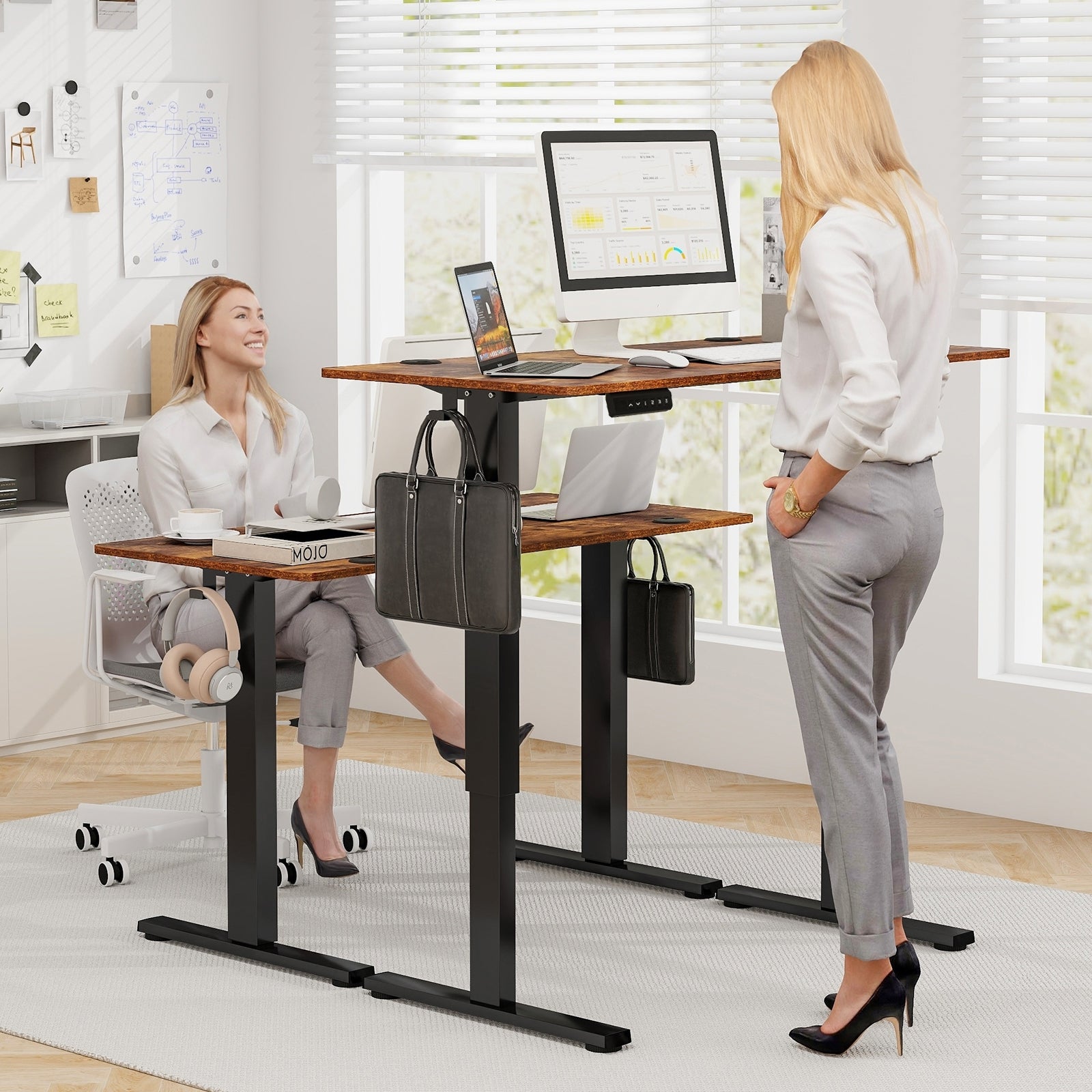 Electric Standing Desk with 3 Memory Height Settings and 2 Hanging Hooks & Cable Management, Rustic Brown Standing Desks at Gallery Canada