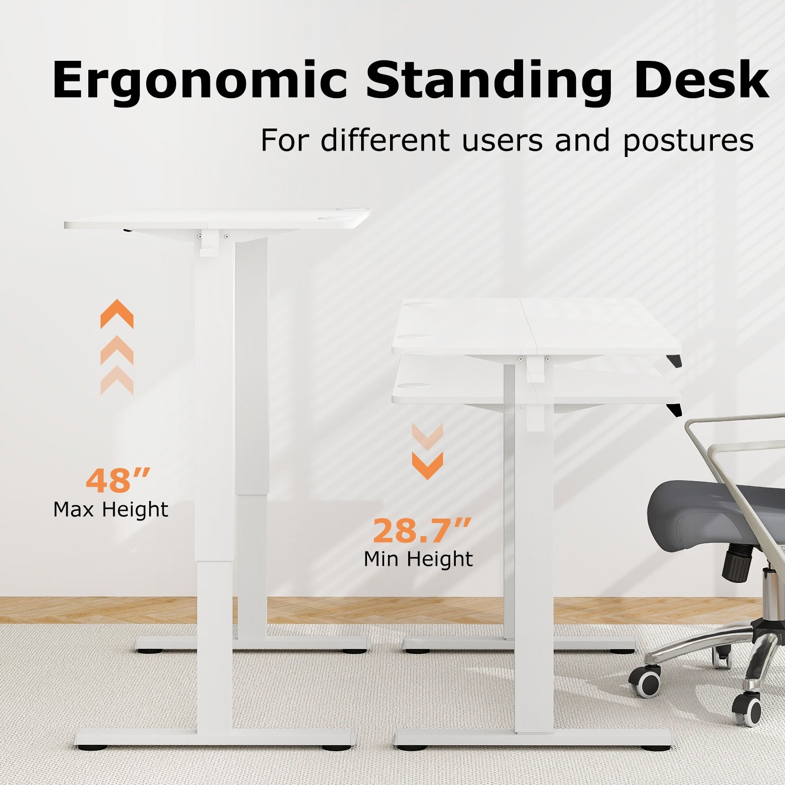 Electric Standing Desk with 3 Memory Height Settings and 2 Hanging Hooks & Cable Management, White Standing Desks at Gallery Canada