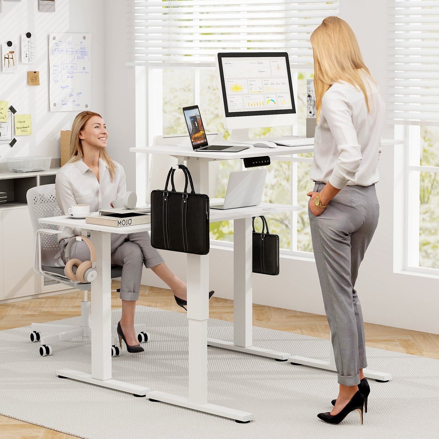 Electric Standing Desk with 3 Memory Height Settings and 2 Hanging Hooks & Cable Management, White Standing Desks at Gallery Canada