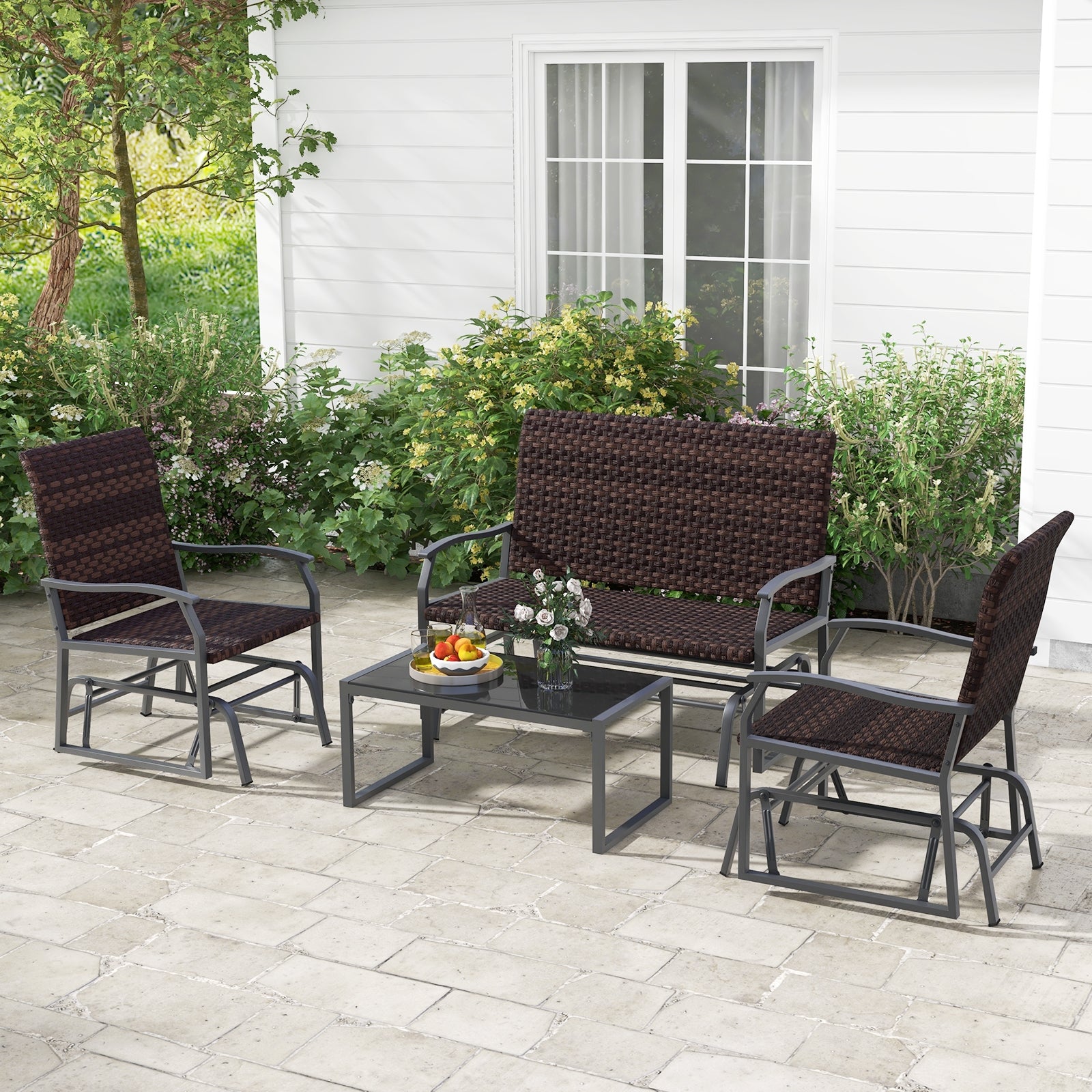 4 Piece Patio Gliding Set Wicker Swing Glider Furniture Set All Weather with Tempered Glass Coffee Table, Brown Patio Conversation Sets at Gallery Canada