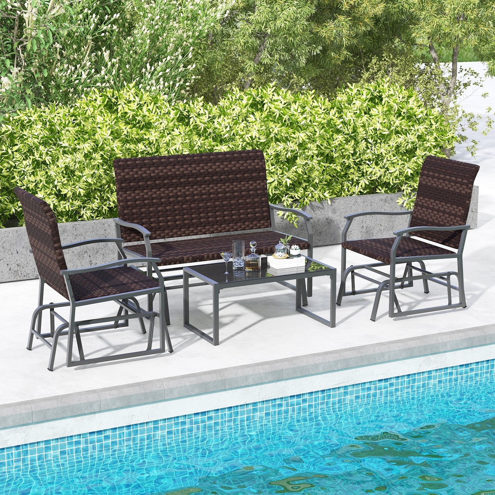 4 Piece Patio Gliding Set Wicker Swing Glider Furniture Set All Weather with Tempered Glass Coffee Table, Brown Patio Conversation Sets at Gallery Canada