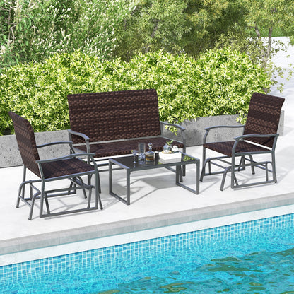 4 Piece Patio Gliding Set Wicker Swing Glider Furniture Set All Weather with Tempered Glass Coffee Table, Brown Patio Conversation Sets at Gallery Canada