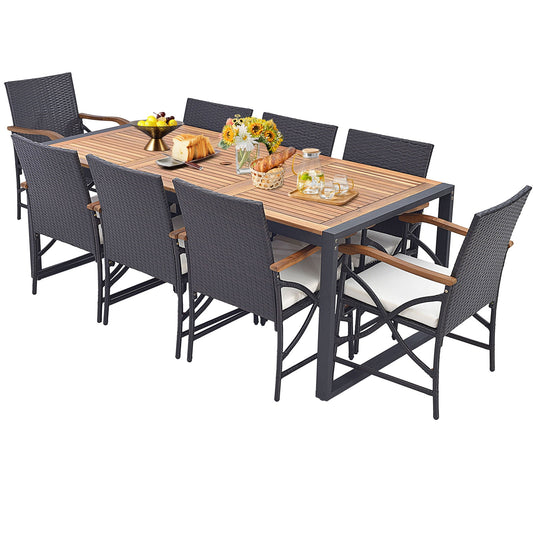 9 Pieces Patio Rattan Dining Set with Acacia Wood Table for Backyard Garden-X-side Handrail, Brown Patio Furniture Sets Mix Brown, Off White at Gallery Canada