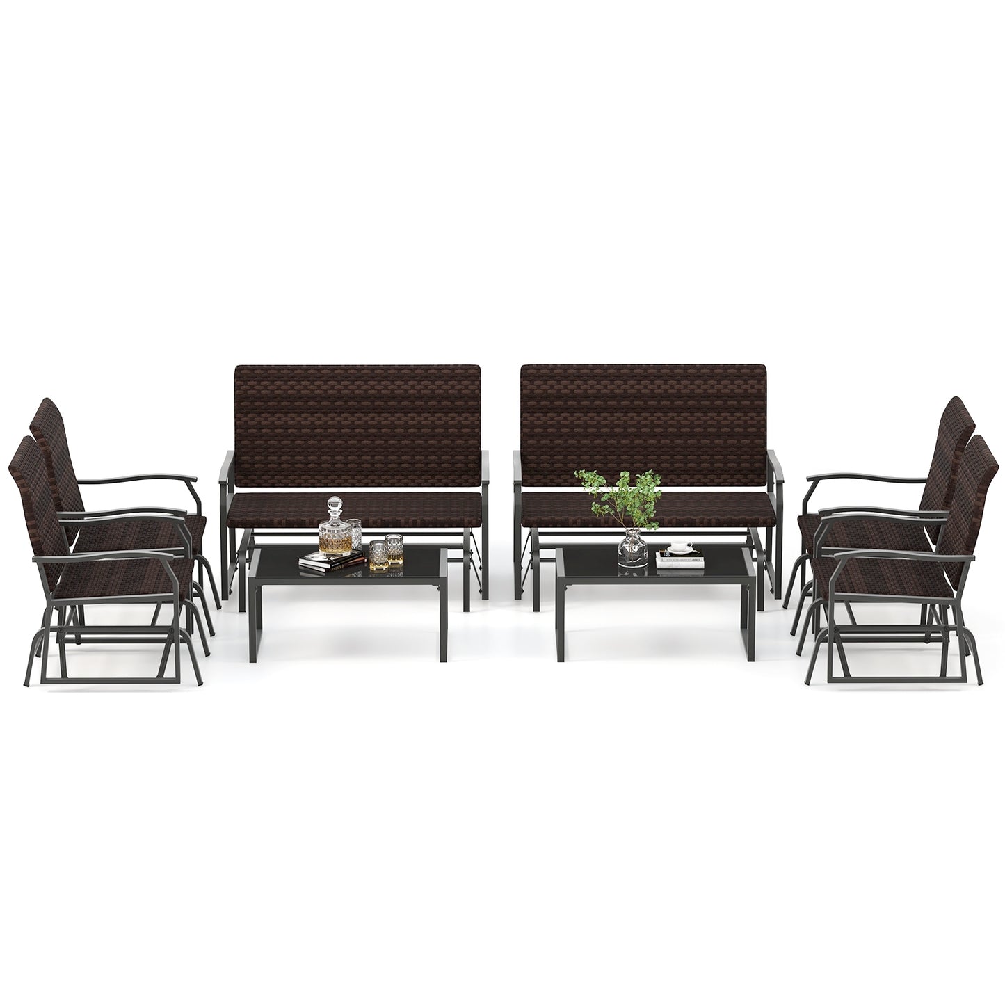 4 Piece Patio Gliding Set Wicker Swing Glider Furniture Set All Weather with Tempered Glass Coffee Table, Brown Patio Conversation Sets at Gallery Canada