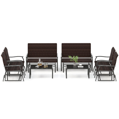 4 Piece Patio Gliding Set Wicker Swing Glider Furniture Set All Weather with Tempered Glass Coffee Table, Brown Patio Conversation Sets at Gallery Canada