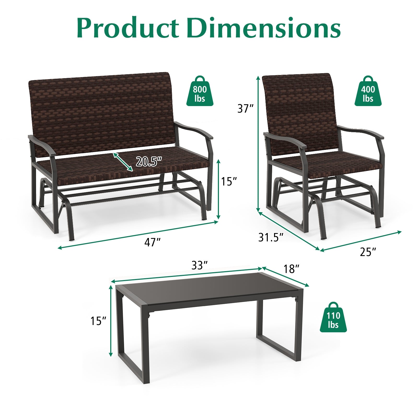 4 Piece Patio Gliding Set Wicker Swing Glider Furniture Set All Weather with Tempered Glass Coffee Table, Brown Patio Conversation Sets at Gallery Canada