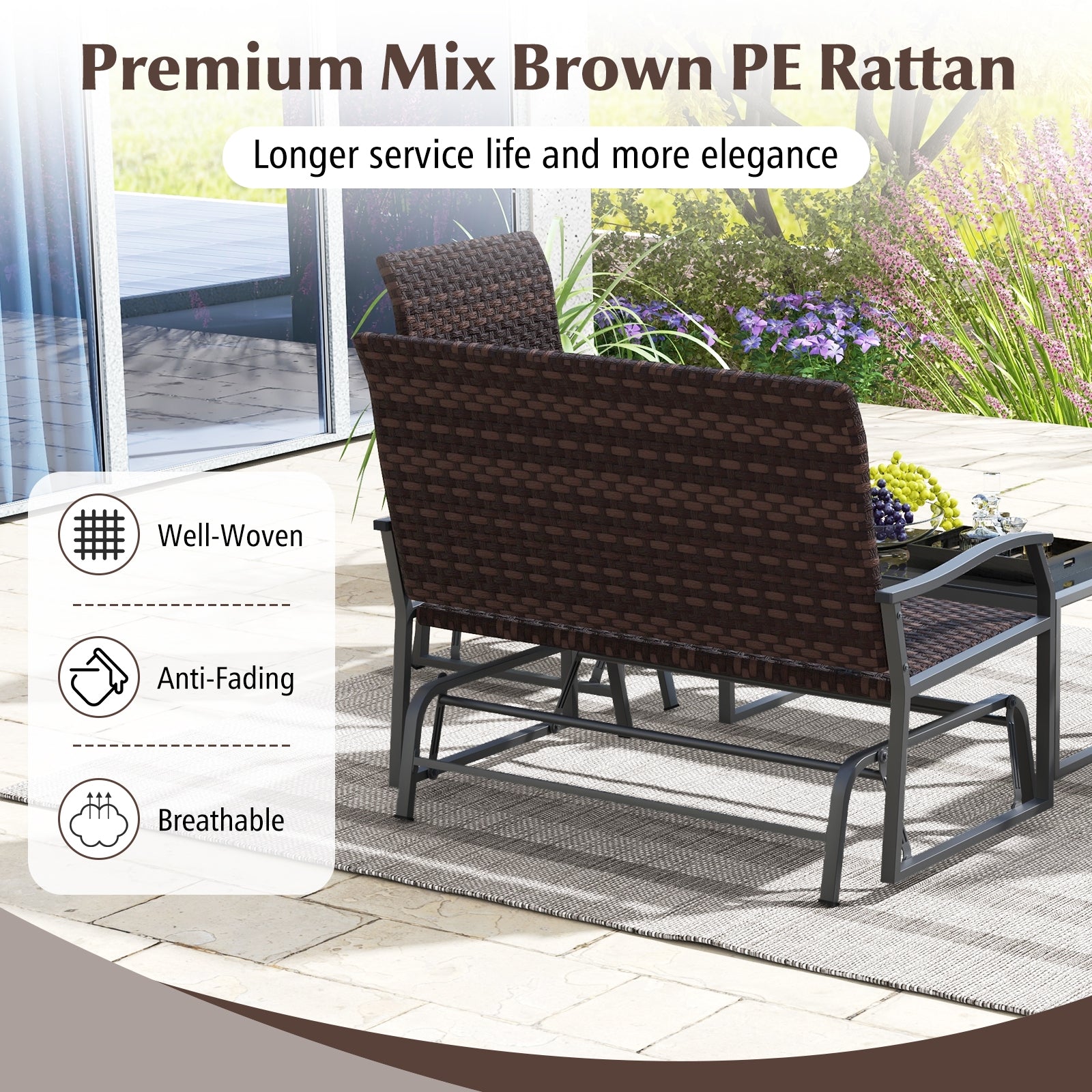 4 Piece Patio Gliding Set Wicker Swing Glider Furniture Set All Weather with Tempered Glass Coffee Table, Brown Patio Conversation Sets at Gallery Canada