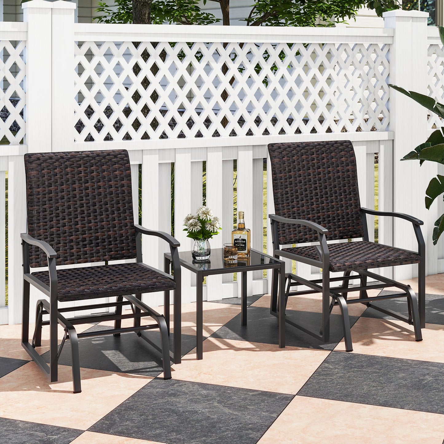 3 Piece Patio Gliding Set with Tempered Glass Coffee Table All Weather, Brown Patio Conversation Sets at Gallery Canada