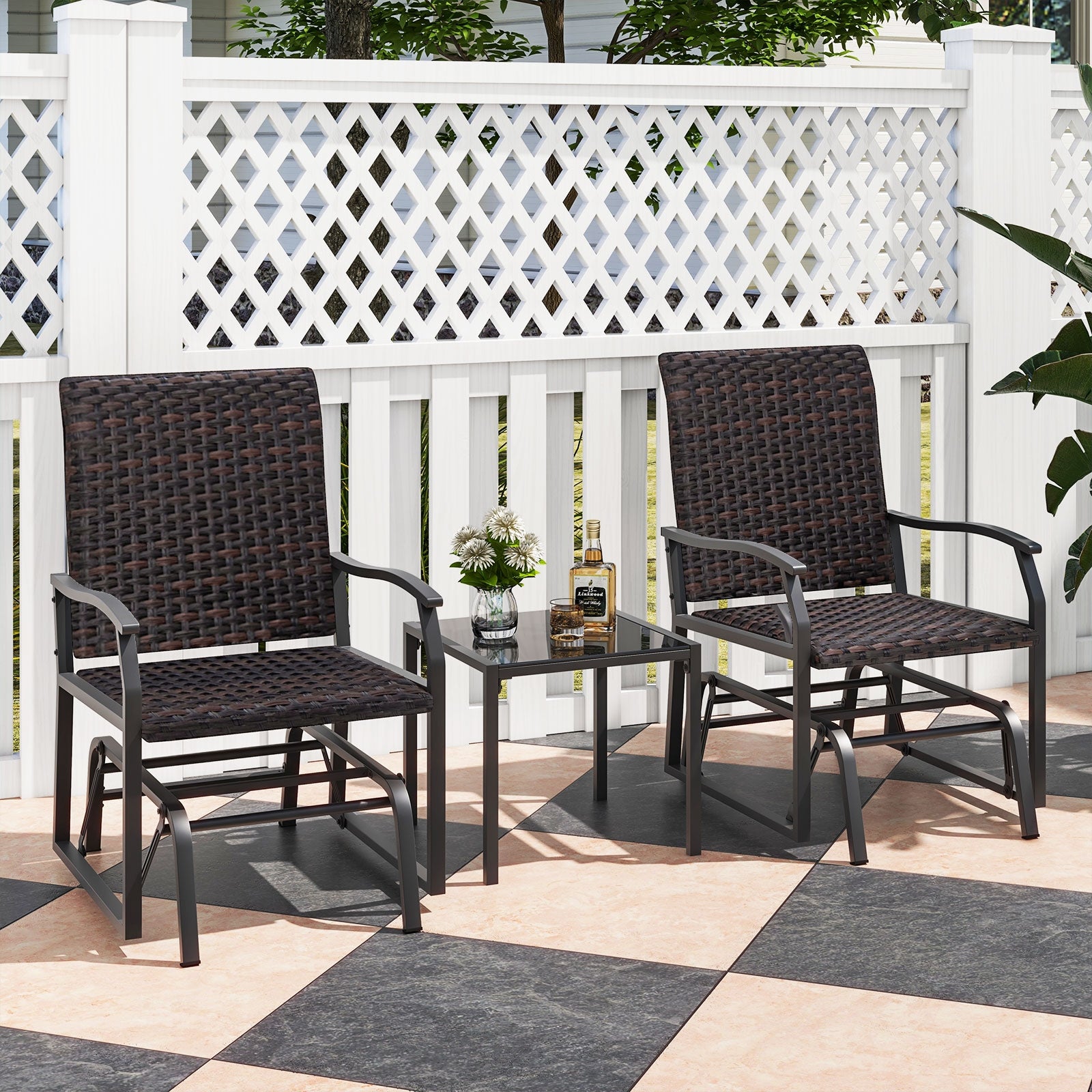 3 Piece Patio Gliding Set with Tempered Glass Coffee Table All Weather, Brown Patio Conversation Sets at Gallery Canada