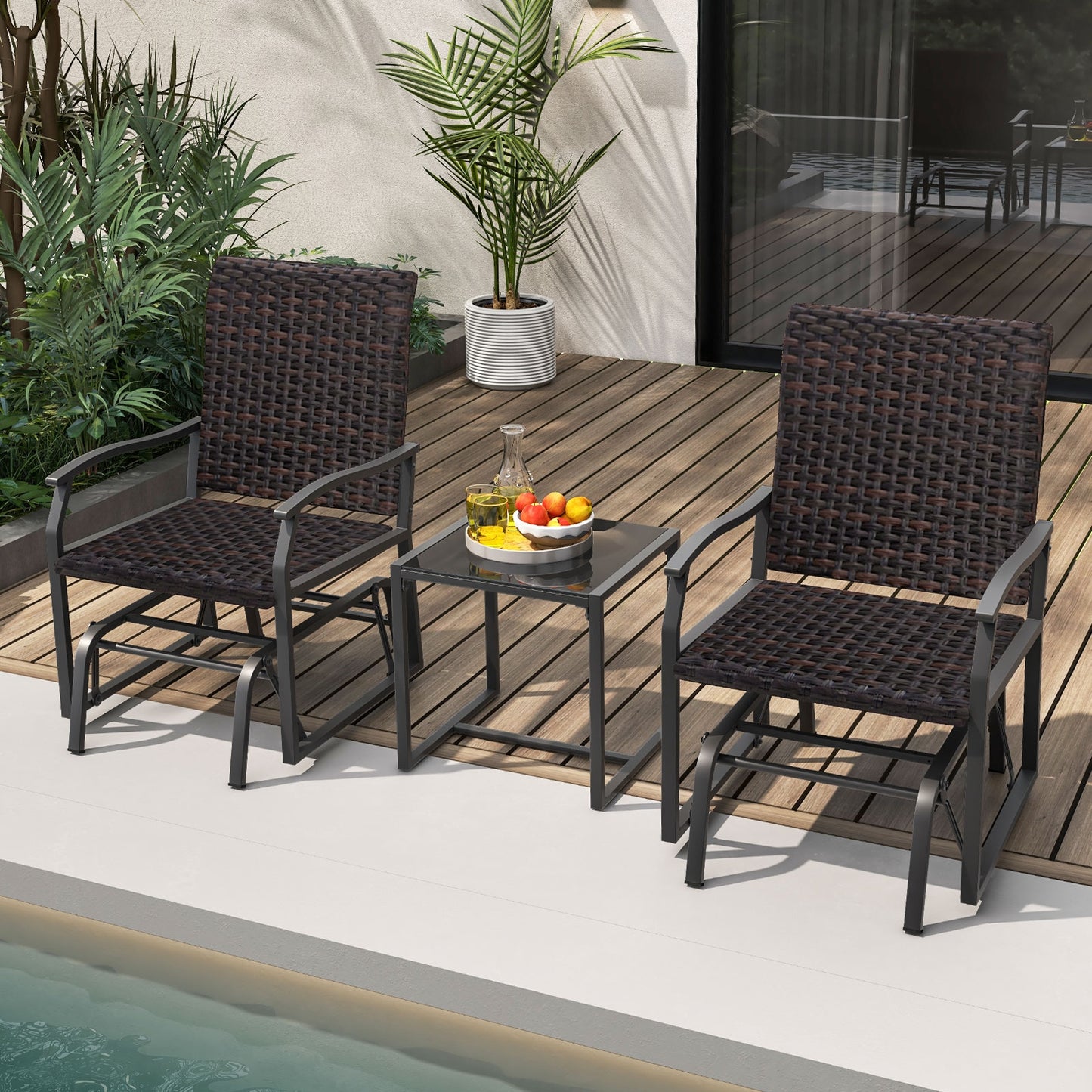 3 Piece Patio Gliding Set with Tempered Glass Coffee Table All Weather, Brown Patio Conversation Sets at Gallery Canada