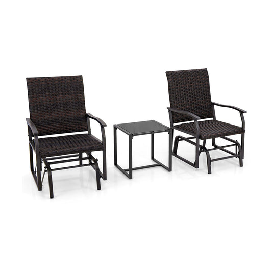3 Piece Patio Gliding Set with Tempered Glass Coffee Table, Brown