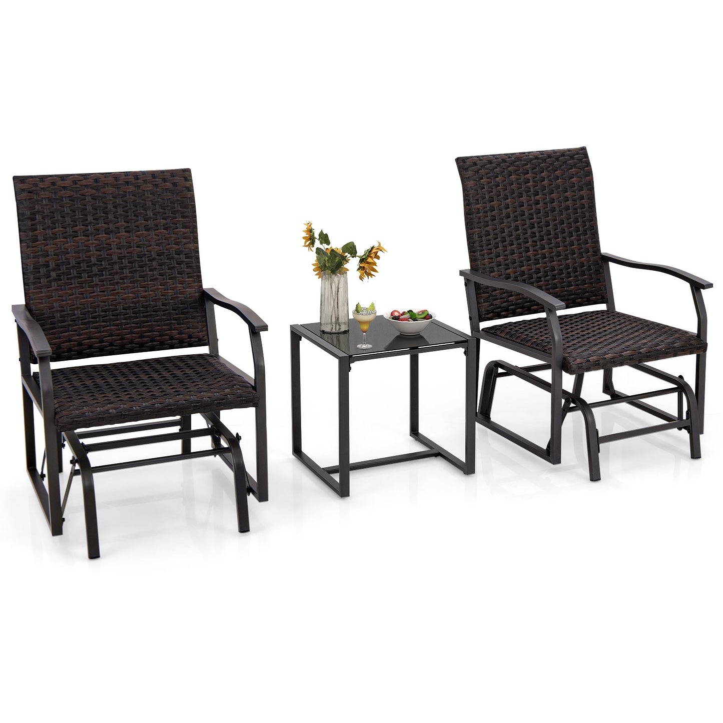 3 Piece Patio Gliding Set with Tempered Glass Coffee Table All Weather, Brown Patio Conversation Sets at Gallery Canada