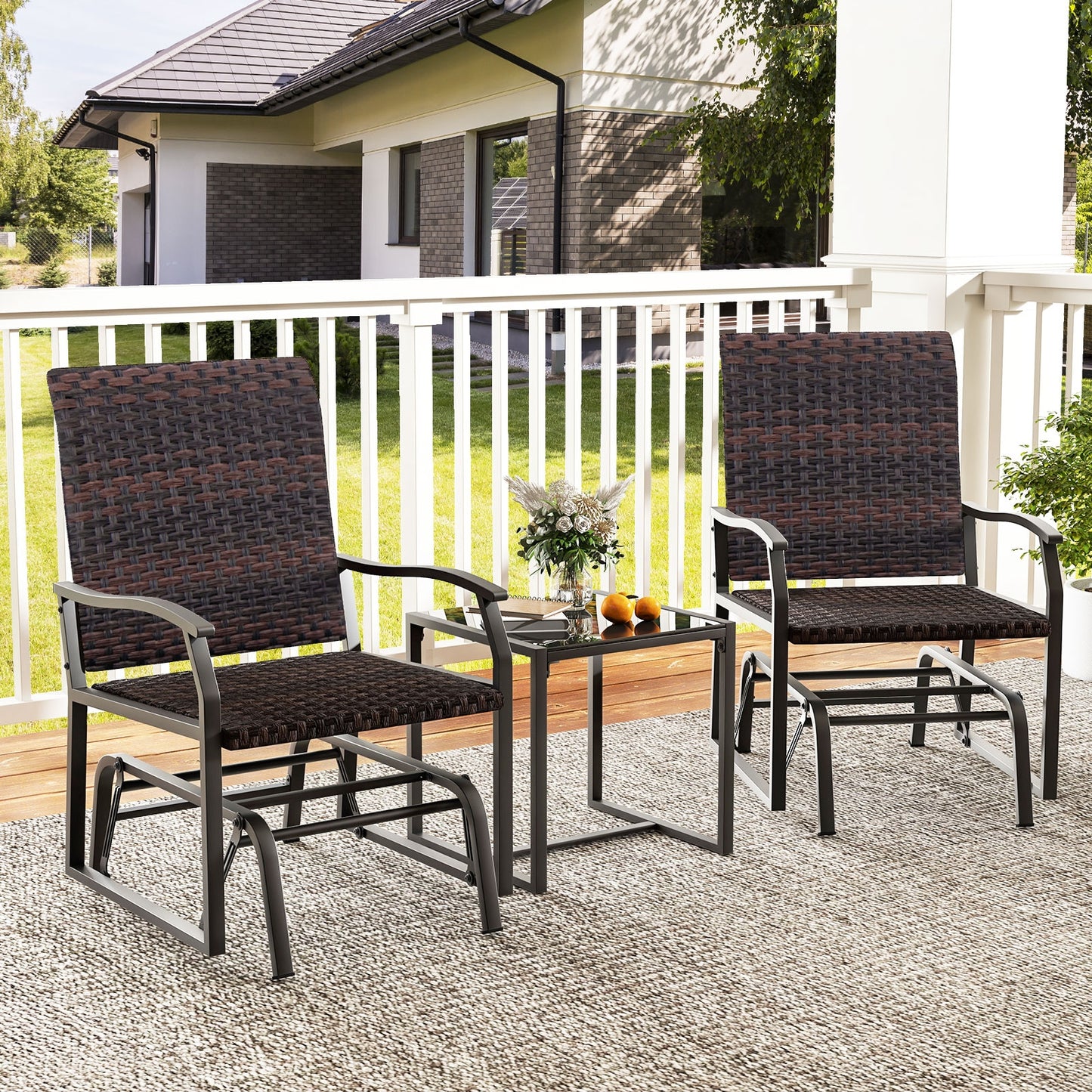 3 Piece Patio Gliding Set with Tempered Glass Coffee Table All Weather, Brown Patio Conversation Sets at Gallery Canada