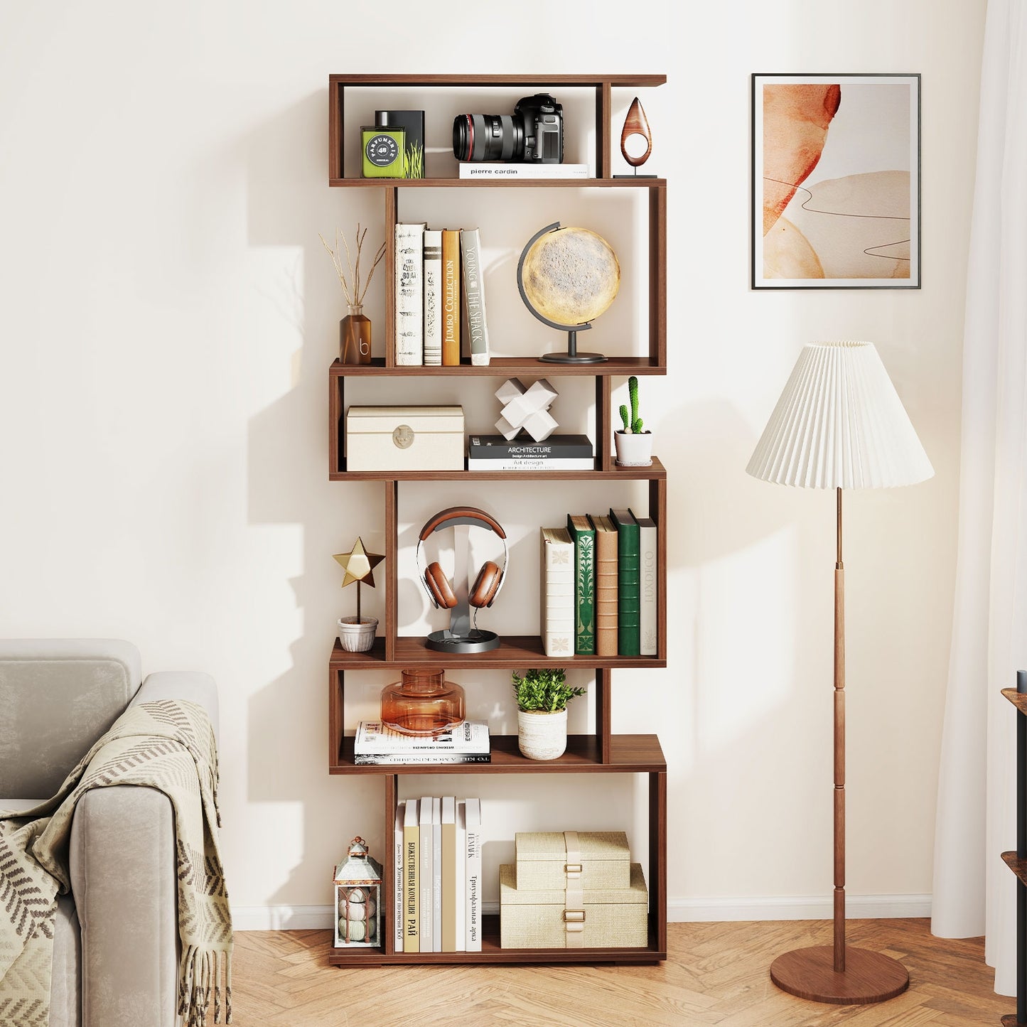 6-Tier Geometric Bookshelf with 2 Anti-Tipping Kits for Home Office, Walnut Bookcases at Gallery Canada
