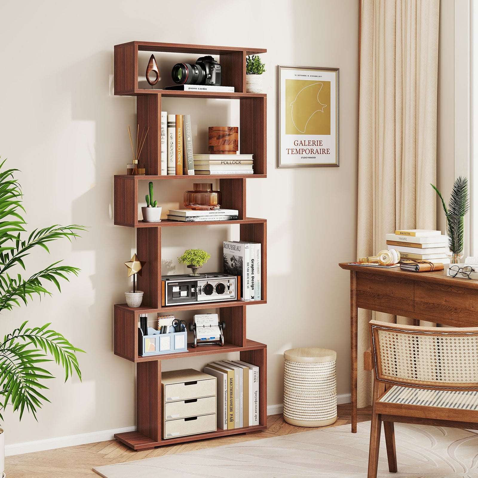 6-Tier Geometric Bookshelf with 2 Anti-Tipping Kits for Home Office, Walnut Bookcases at Gallery Canada