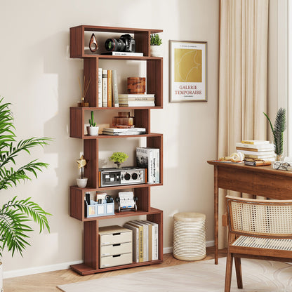 6-Tier Geometric Bookshelf with 2 Anti-Tipping Kits for Home Office, Walnut Bookcases at Gallery Canada