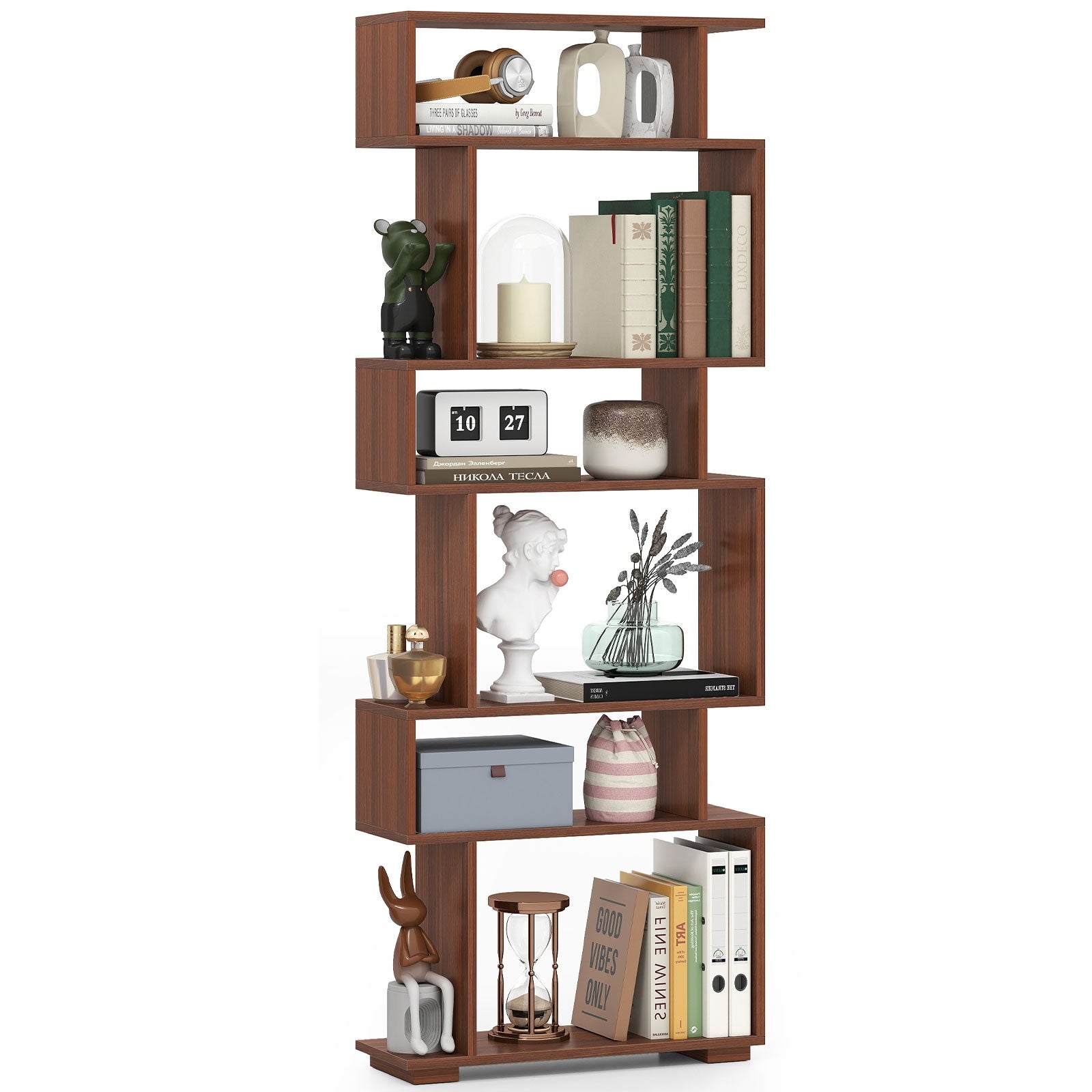 6-Tier Geometric Bookshelf with 2 Anti-Tipping Kits for Home Office, Walnut Bookcases at Gallery Canada