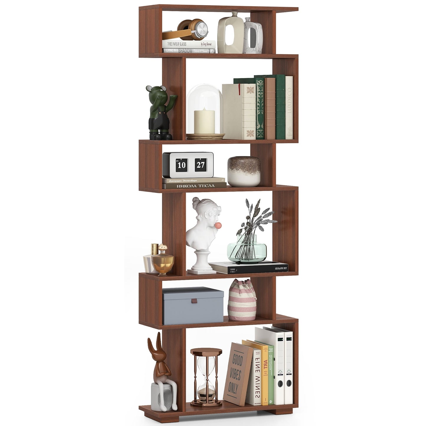 6-Tier Geometric Bookshelf with 2 Anti-Tipping Kits for Home Office, Walnut Bookcases at Gallery Canada