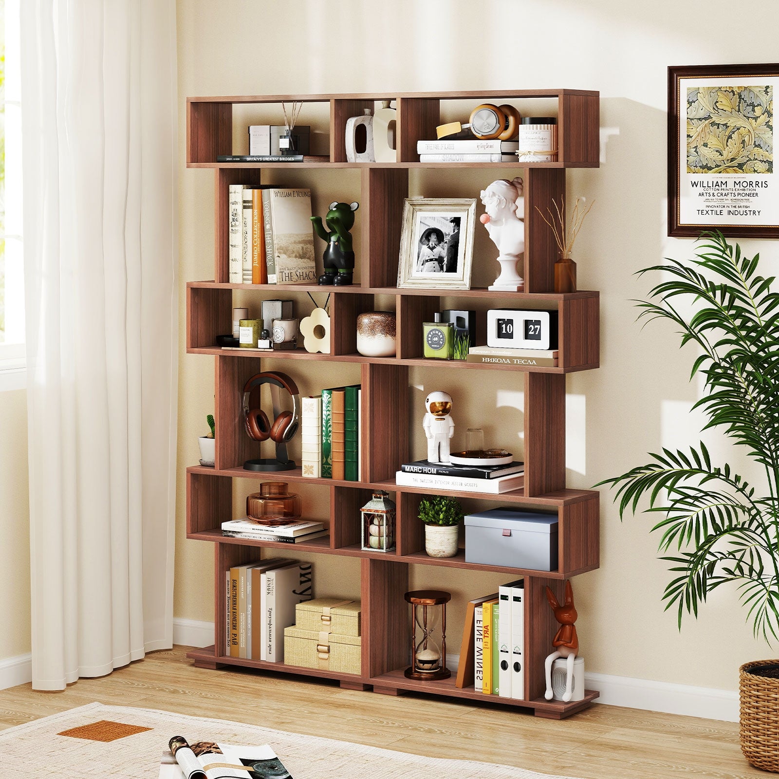 6-Tier Geometric Bookshelf with 2 Anti-Tipping Kits for Home Office, Walnut Bookcases at Gallery Canada