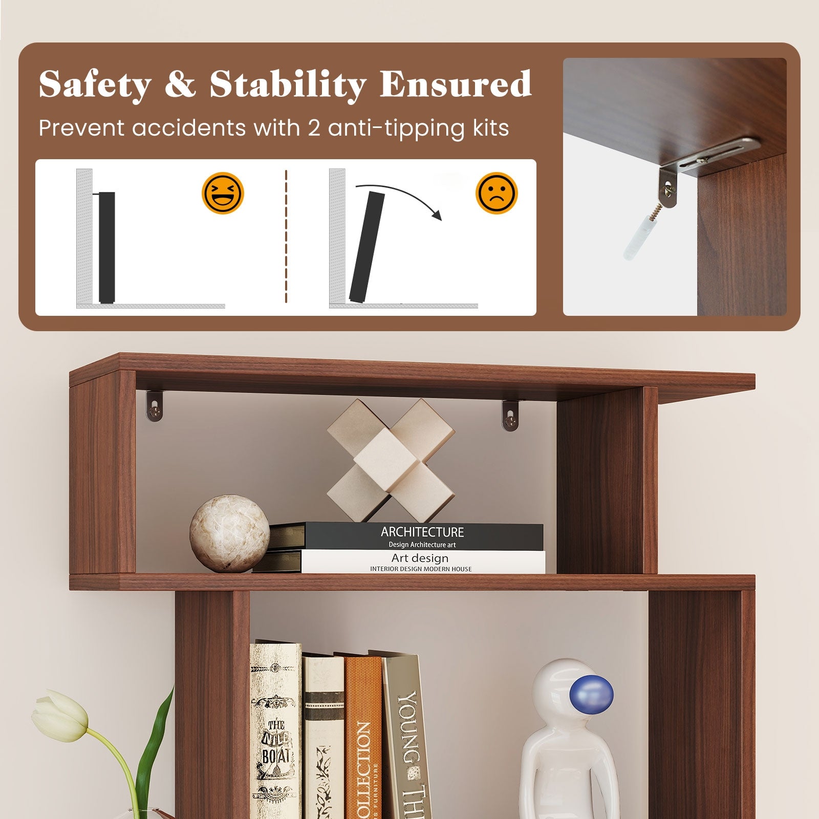 6-Tier Geometric Bookshelf with 2 Anti-Tipping Kits for Home Office, Walnut Bookcases at Gallery Canada