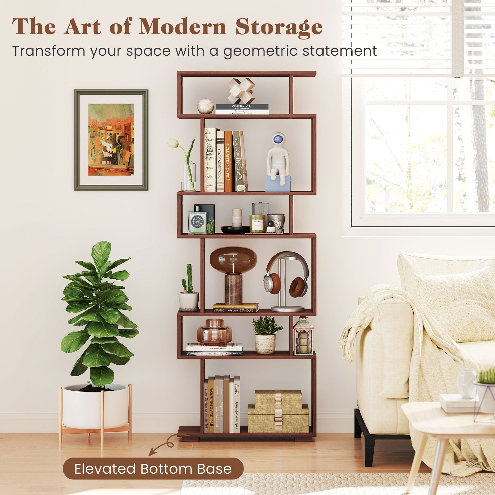 6-Tier Geometric Bookshelf with 2 Anti-Tipping Kits for Home Office, Walnut Bookcases at Gallery Canada