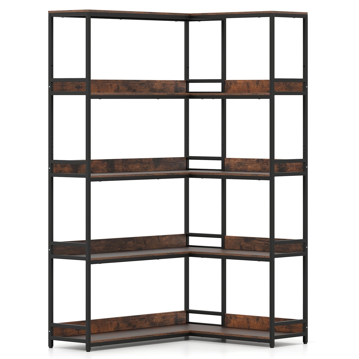 Corner Bookshelf 5-Tier L-Shaped Bookcase Etagere Bookshelf with Metal Frame, Rustic Brown Bookcases Rustic Brown at Gallery Canada
