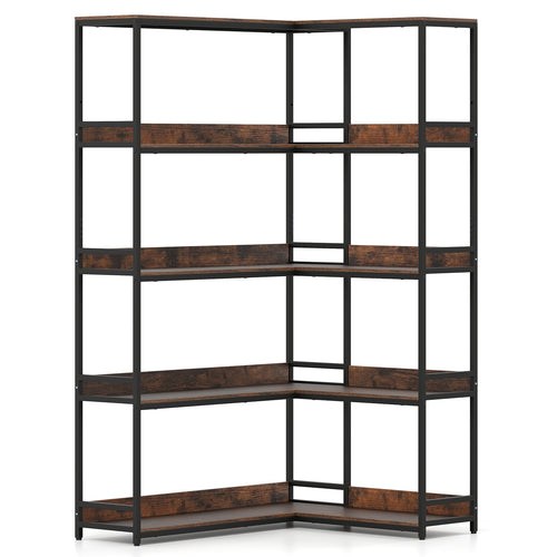 Corner Bookshelf, 5-Tier L-Shaped Bookcase, Rustic Brown