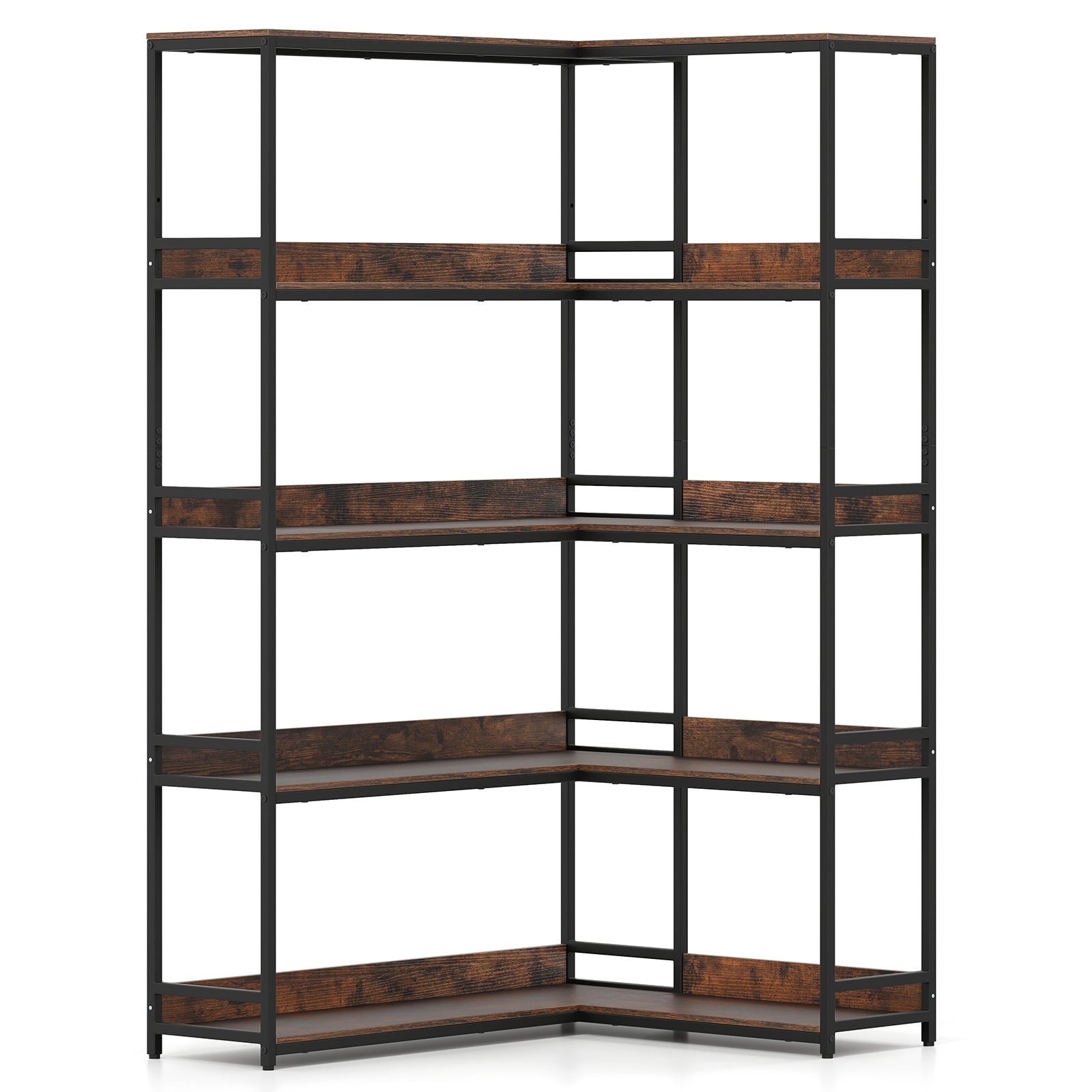 Corner Bookshelf 5-Tier L-Shaped Bookcase Etagere Bookshelf with Metal Frame, Rustic Brown Bookcases at Gallery Canada