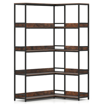 Corner Bookshelf 5-Tier L-Shaped Bookcase Etagere Bookshelf with Metal Frame, Rustic Brown Bookcases at Gallery Canada